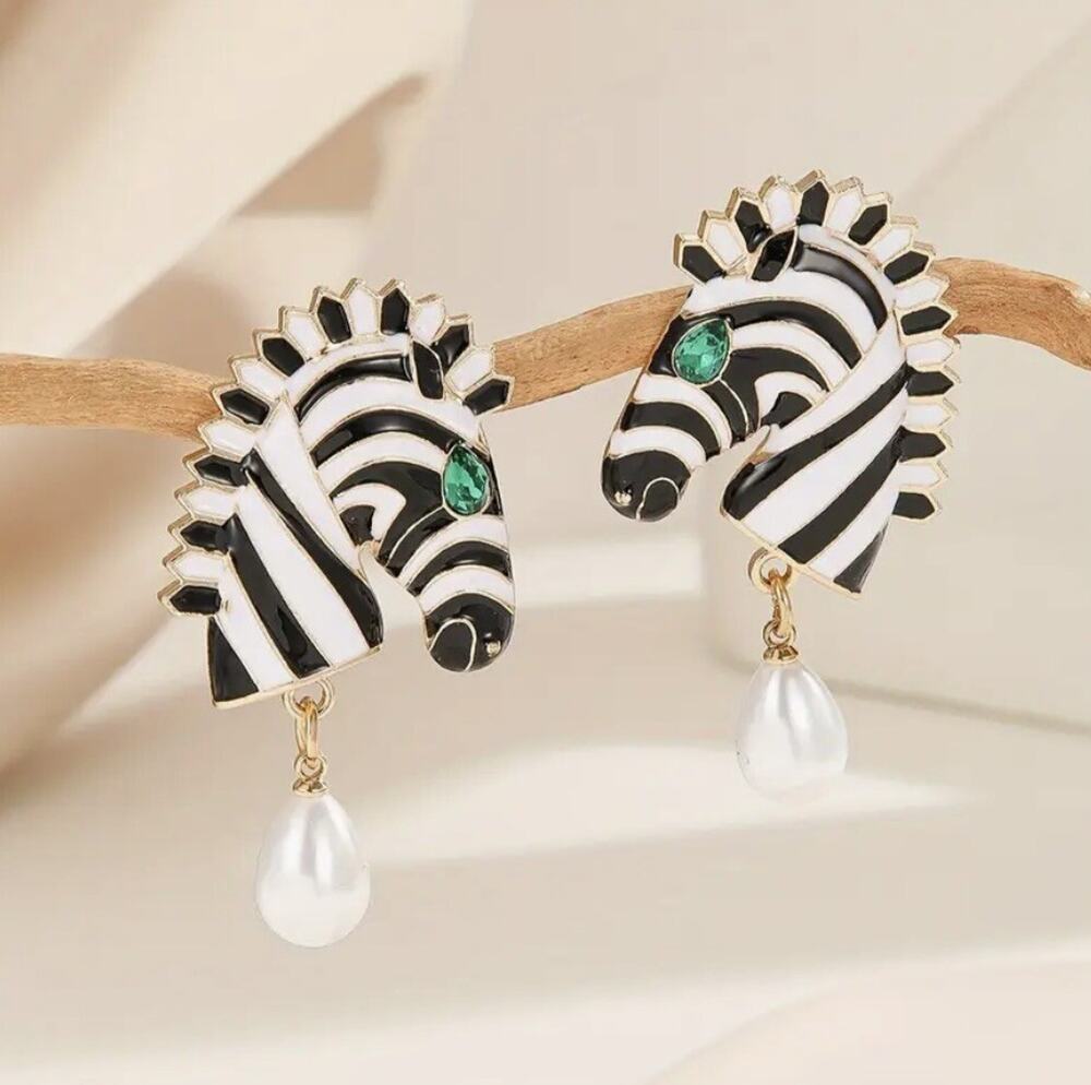 Zebra Head Earrings Zara Striped Gold Plated Enamel Dangle Boho Animal Horse CZ
